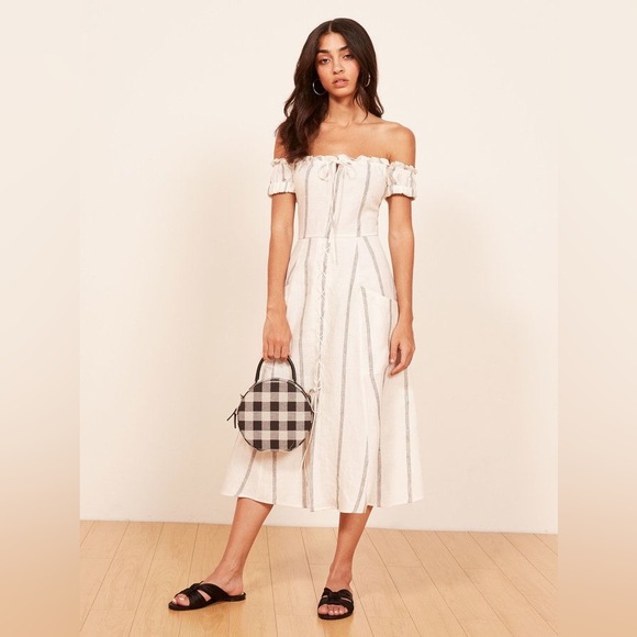 Reformation Bogota Linen Off-Shoulder Dress in Stripes - Size 8 - Picture 1 of 7